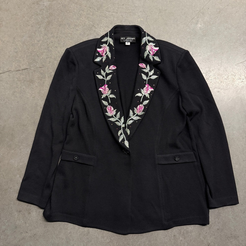 St John Evening Marie Gray Black Knit Floral Embroidered Sequin Blazer Jacket 16